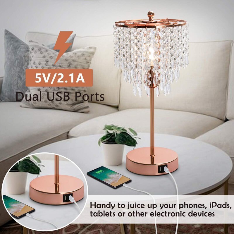 Luxury Design Touch Control Crystal Table Nightstand Lamp Bedside Lamp with USB Ports