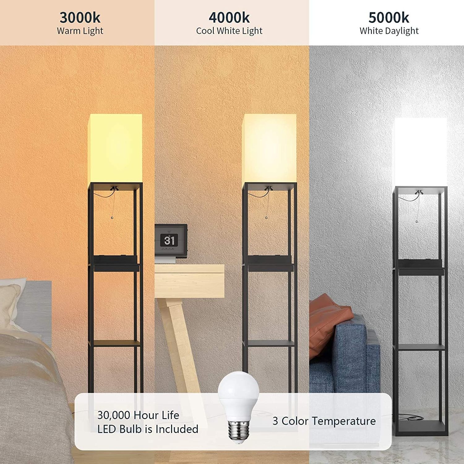 Corner storage standing modern Wooden Shelf Floor Lamp with 3 way dimmable bulb