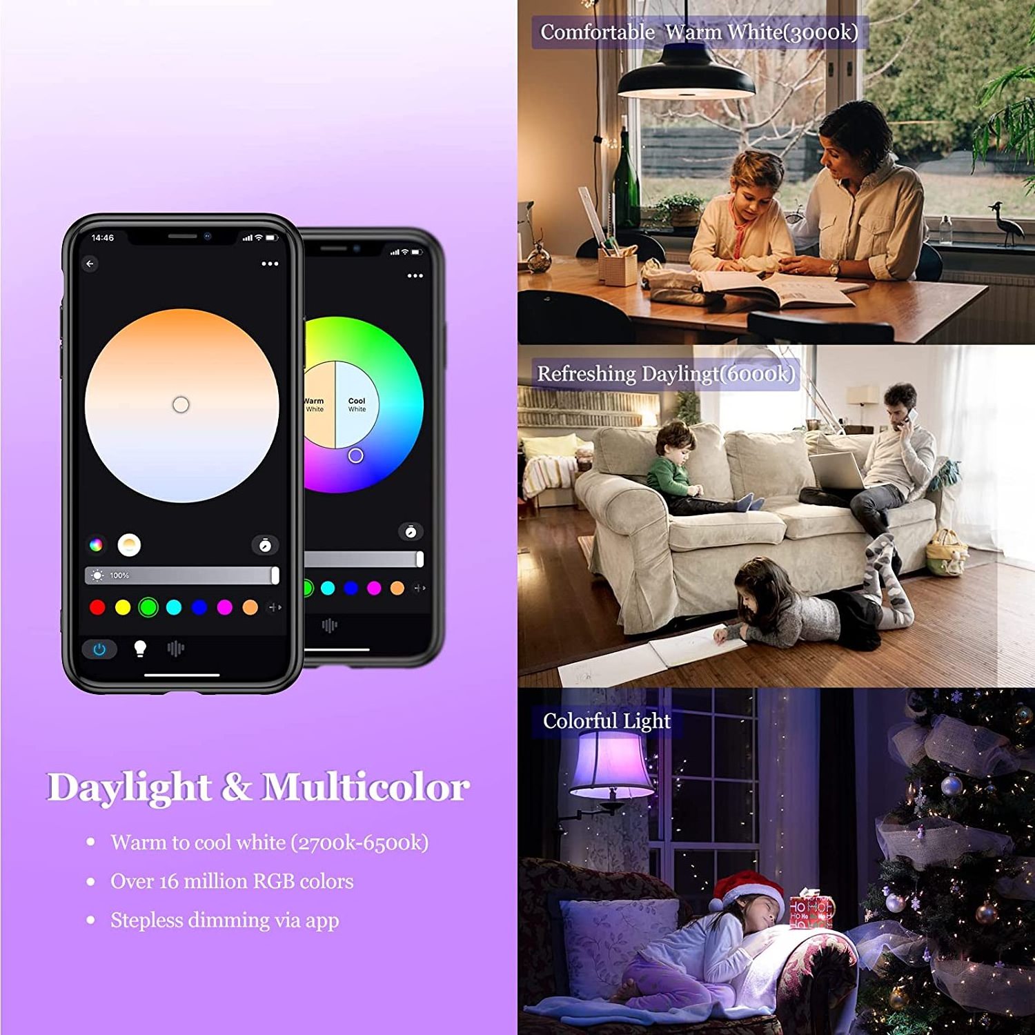 4 Pack WiFi & Bluetooth Compatible A19 Full Color Changing Light Bulbs with remote Smart Home LED Bulbs Work with Alexa