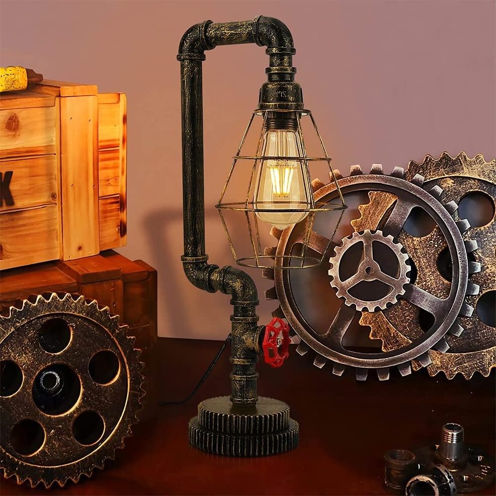 Vintage Industrial Water Pipe Light Bedside Lamp Gear Wheel Base Steampunk Table Lamp For Living Creative Lights