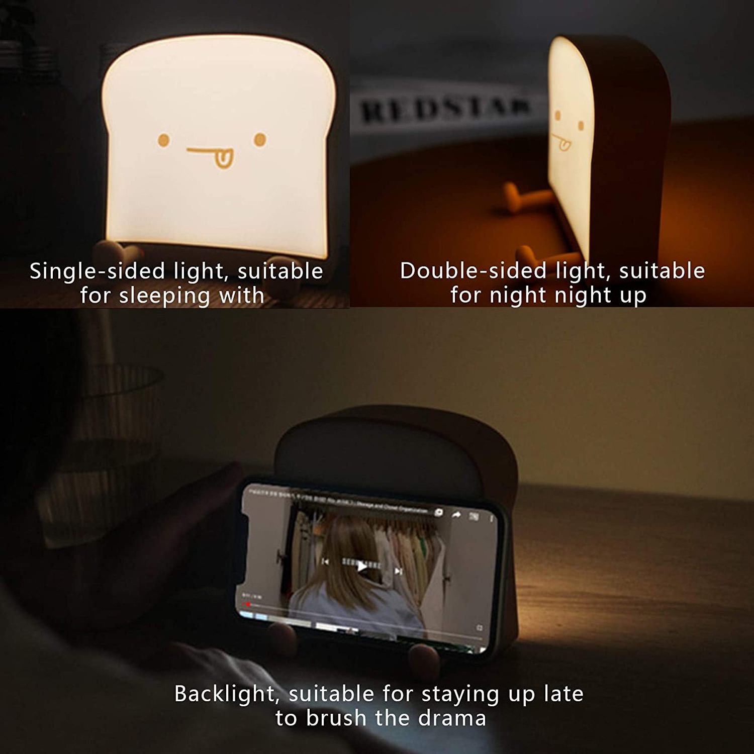 Cute Toast Bread Battery Night Light Portable Rechargeable Bedside Lamp With Timer