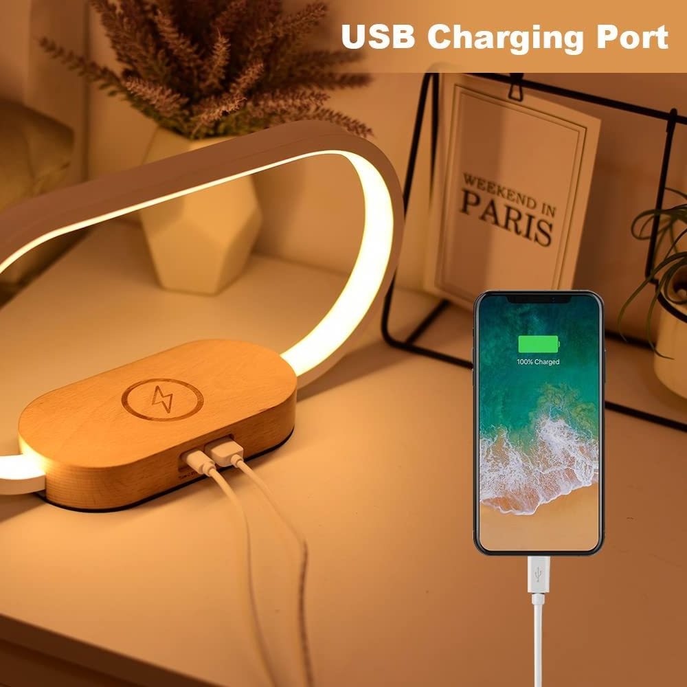 Factory Sale Stepless Dimming Wooden Bedside Table Lamp With Wireless Charger and Clock