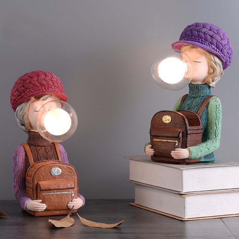 Ideal Gift Dimmable Resin Craft Desk Lamp Carton Blowing Bubble Girl Decorative Table Lamp