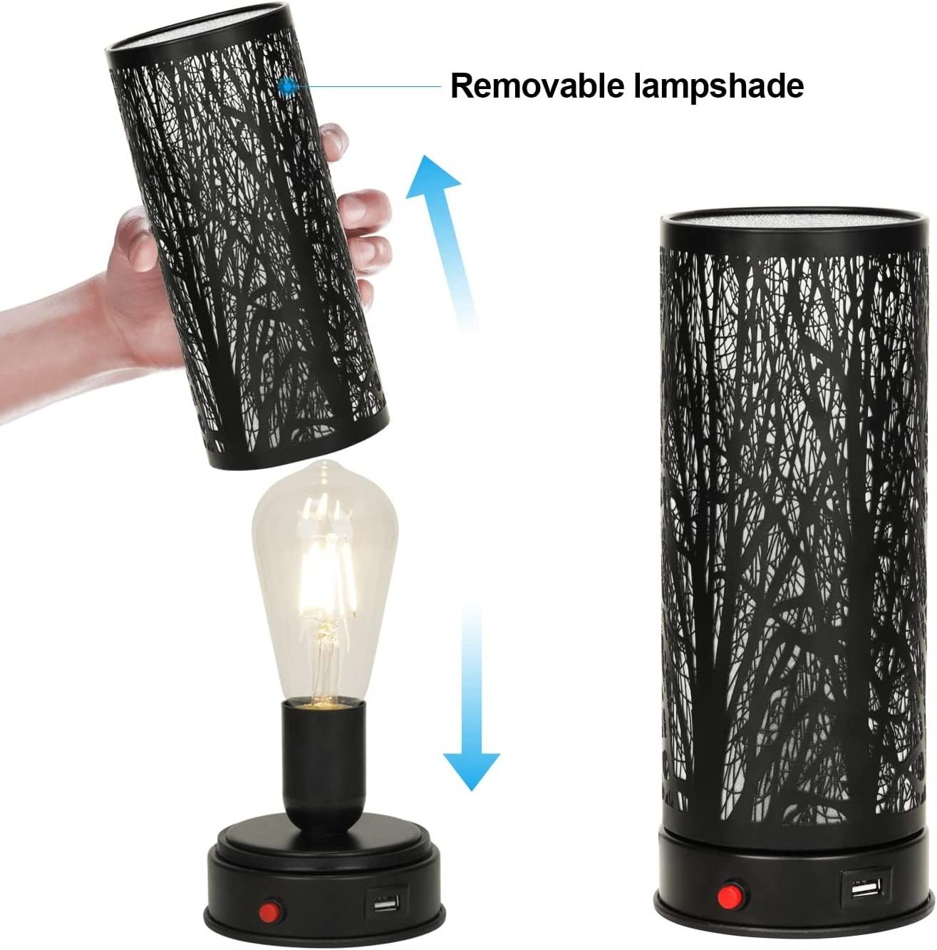 Decorative Black Metal Forest Lighting Lampara De Mesa Bedside Table Lamp With USB Charge For Bedroom