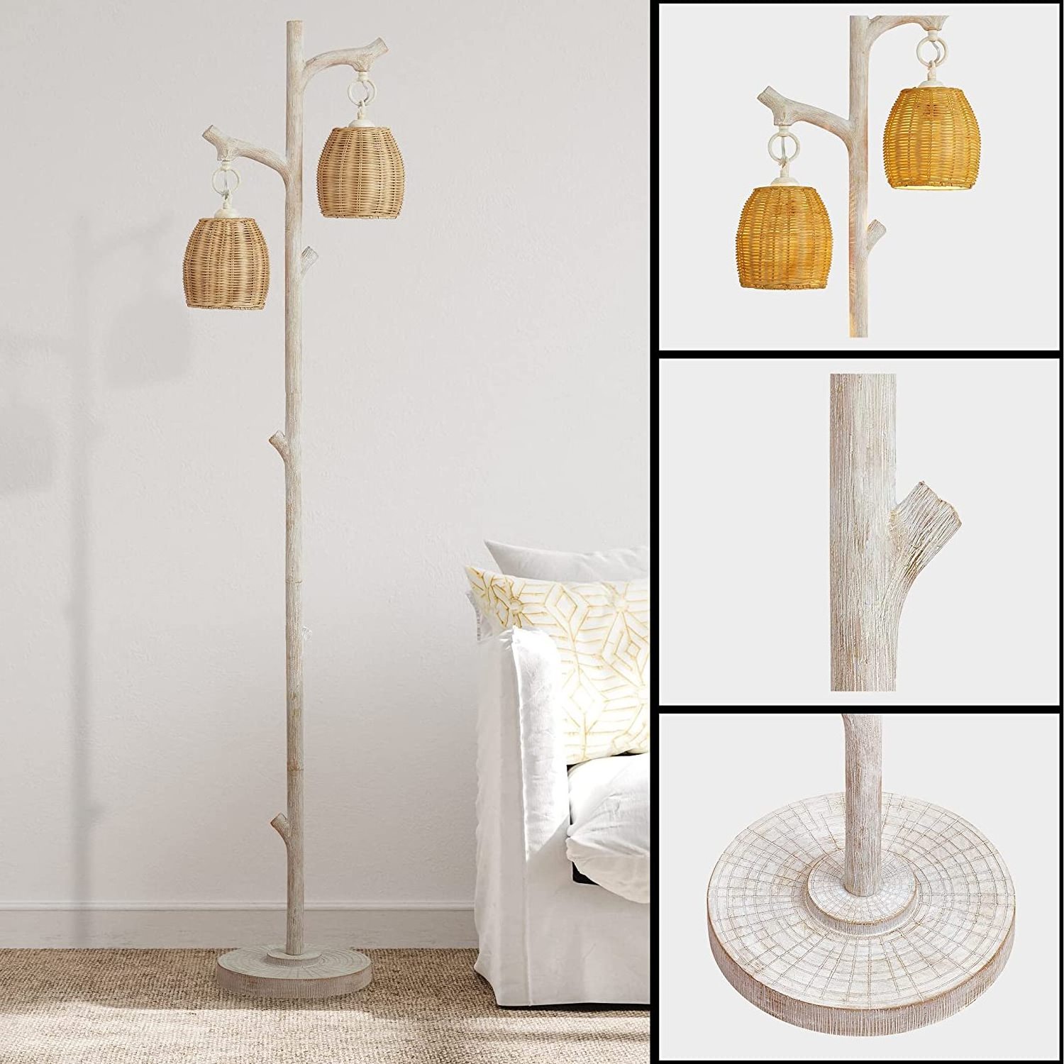 New Design Rustic Country Cottage Tree Trunk Faux Wood Column Resin Floor Lamp With Rattan Lampshade