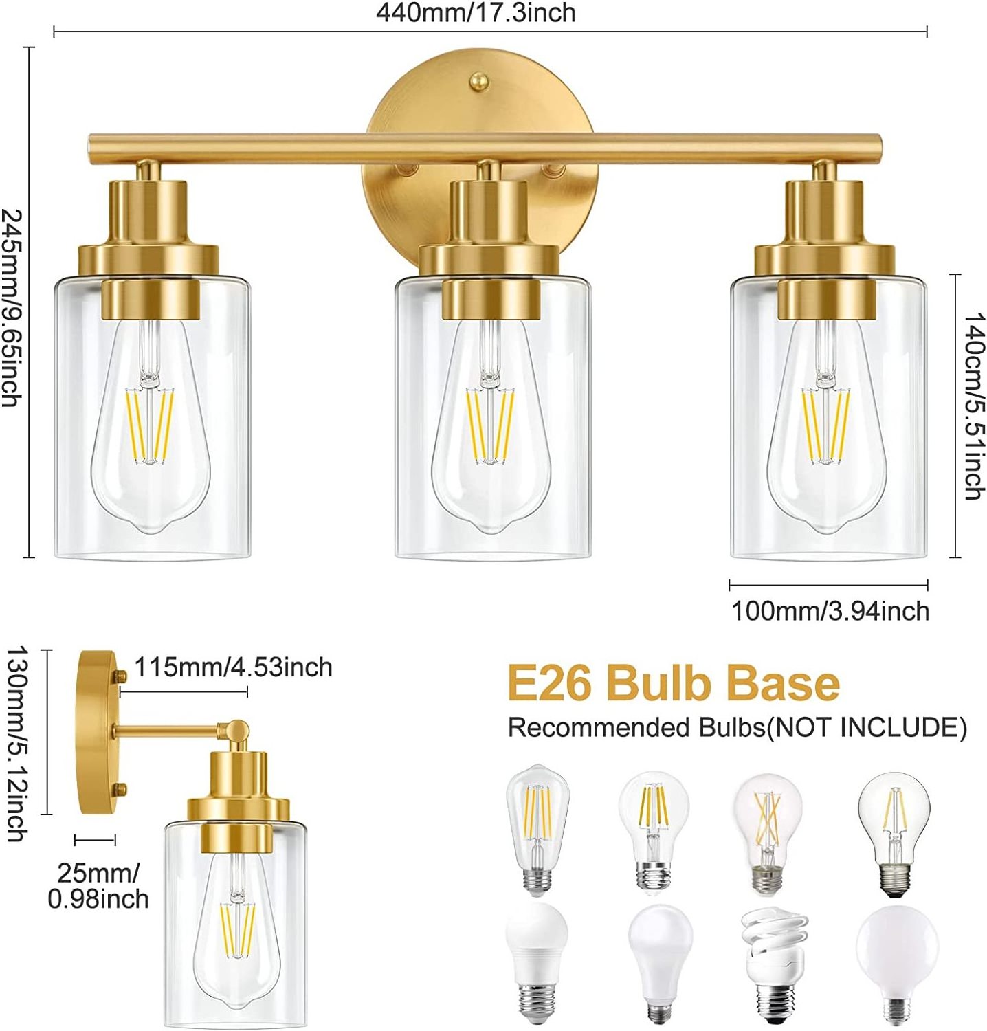 Farmhouse Wall Sconce Brass Vanity Wall Lamp With Clear Glass Shade For Bathroom