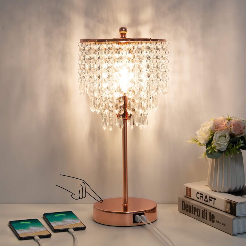 Luxury Design Touch Control Crystal Table Nightstand Lamp Bedside Lamp with USB Ports