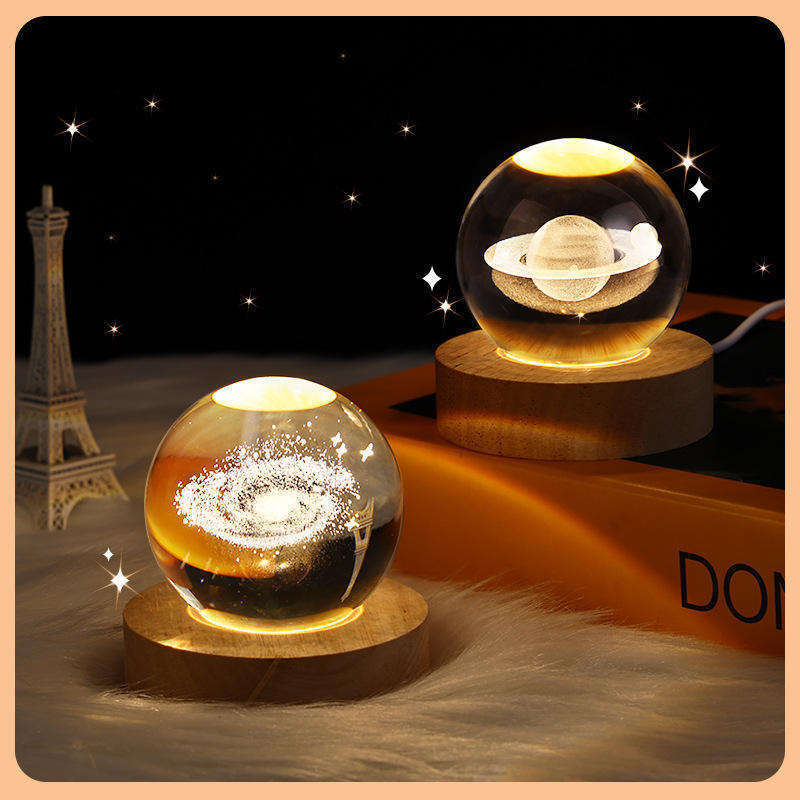 Wholesale 3D Art Crystal Ball Night Lamp Luminous Decorations Gifts Wooden Base Led Night Lights For Desktop Home Decor