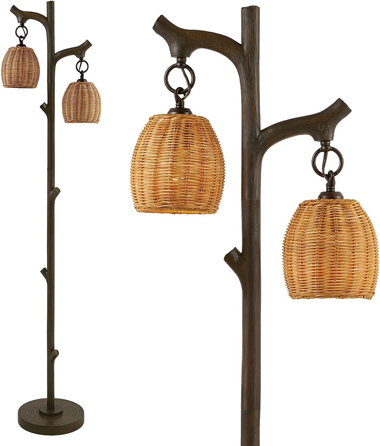 New Design Rustic Country Cottage Tree Trunk Faux Wood Column Resin Floor Lamp With Rattan Lampshade