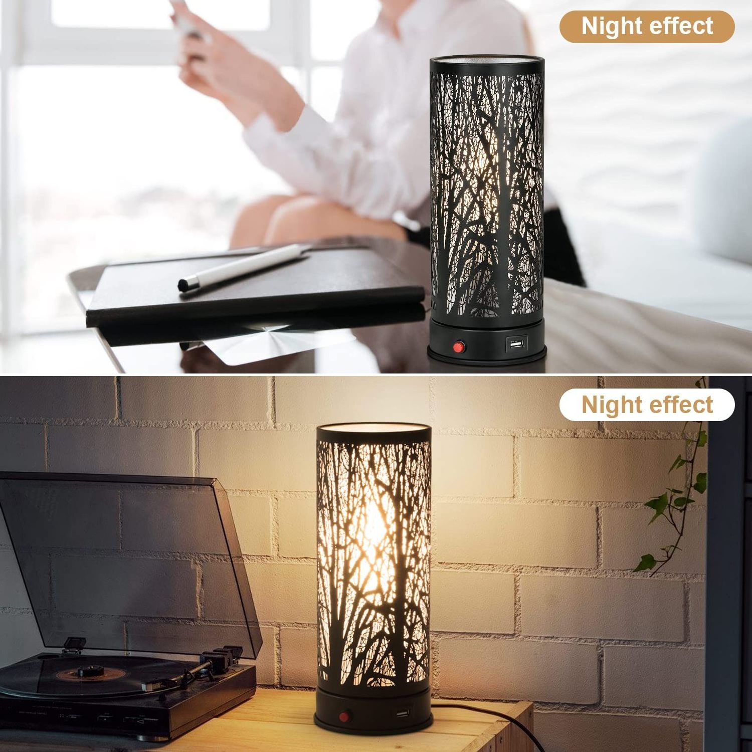 Decorative Black Metal Forest Lighting Lampara De Mesa Bedside Table Lamp With USB Charge For Bedroom