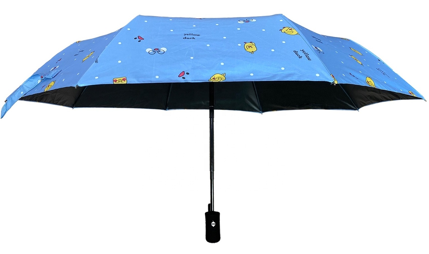 Ready Auto Open Close Hot Sales Fashion yellow duck design Cartoon Pattern Print Black Coating UV Portable Travel Umbrella