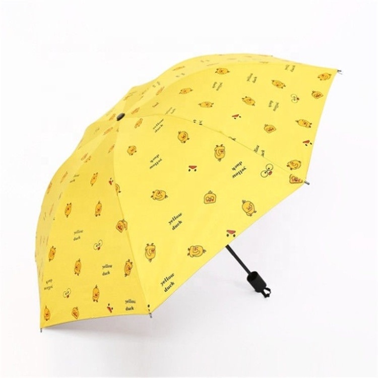 Ready Auto Open Close Hot Sales Fashion yellow duck design Cartoon Pattern Print Black Coating UV Portable Travel Umbrella