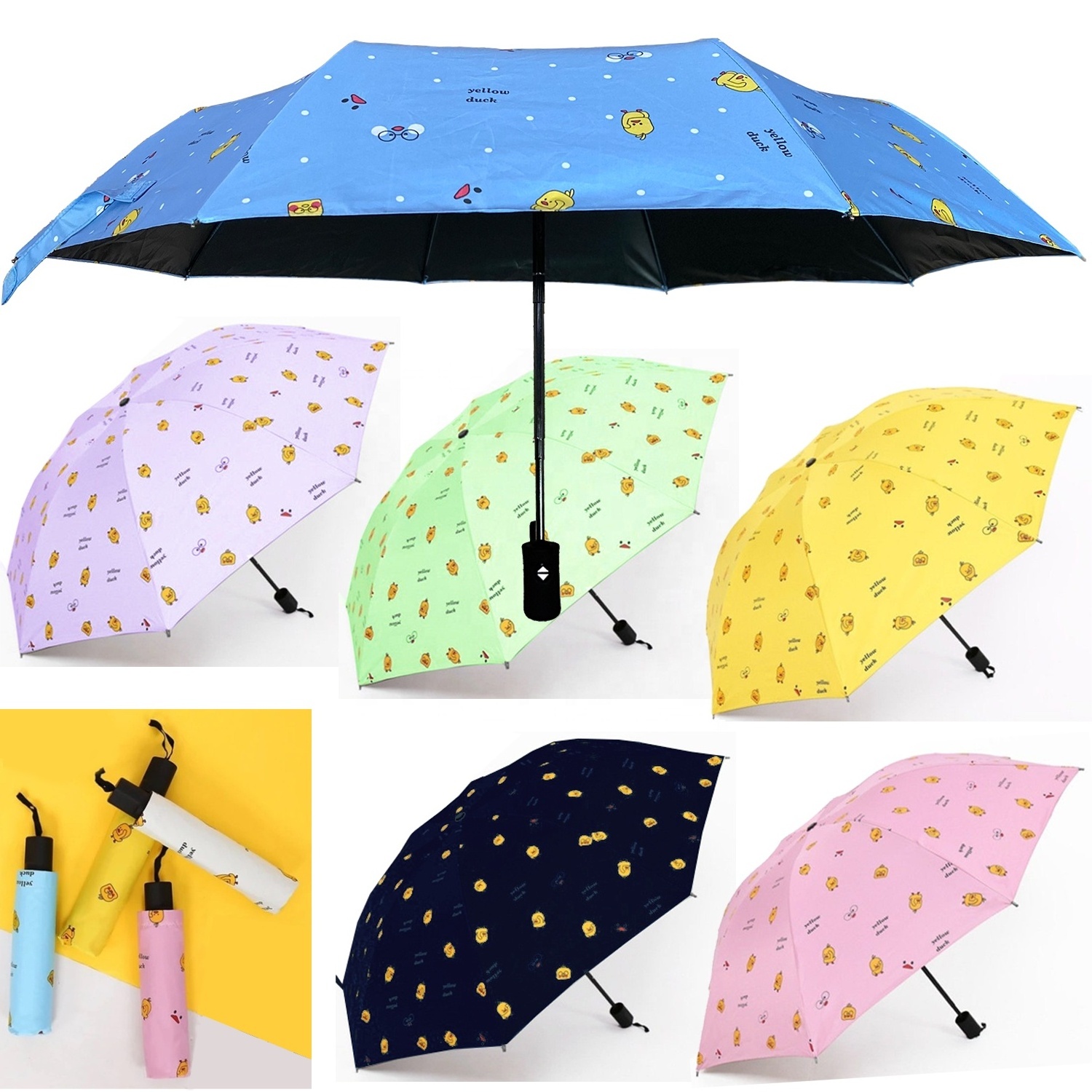 Ready Auto Open Close Hot Sales Fashion yellow duck design Cartoon Pattern Print Black Coating UV Portable Travel Umbrella