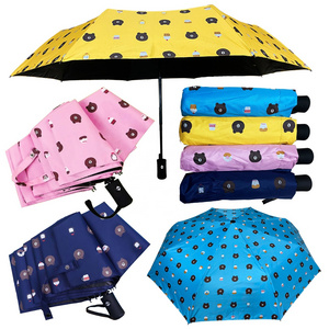 Ready Auto Open Close Hot Sales Fashion Cute Bear Fruit Flower Duck UV Pattern Print Black Coating UV Portable Travel Umbrella