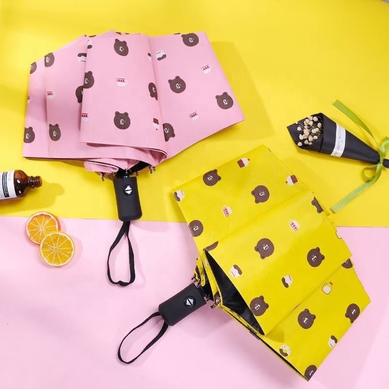 Ready Auto Open Close Hot Sales Fashion Cute Bear Fruit Flower Duck UV Pattern Print Black Coating UV Portable Travel Umbrella