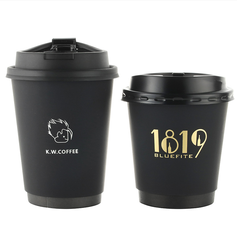 custom logo double wall black hot embossed disposable coffee paper cup with lids and straws