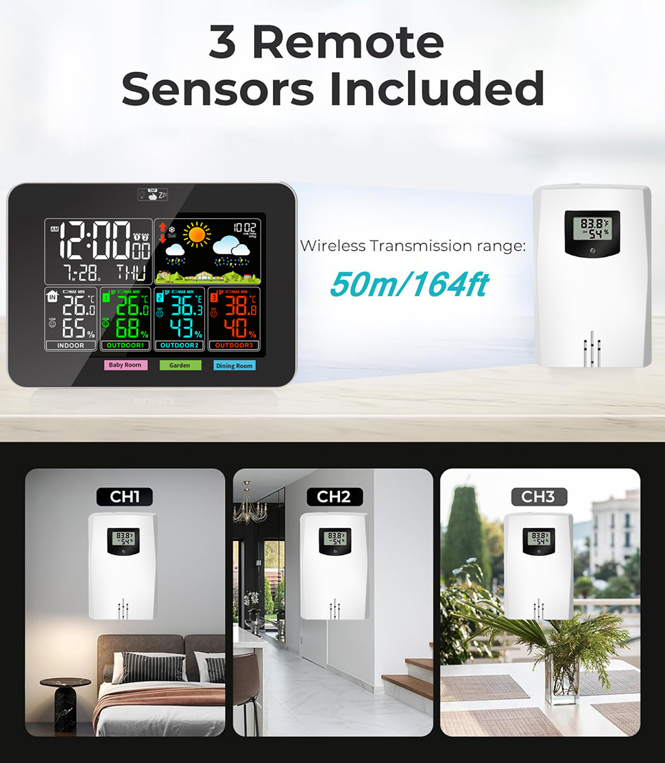 WS6681 Weather Forecast Weather Stations Wireless Indoor Outdoor Temperature Humidity meter with 3 Extra Temperature Sensors