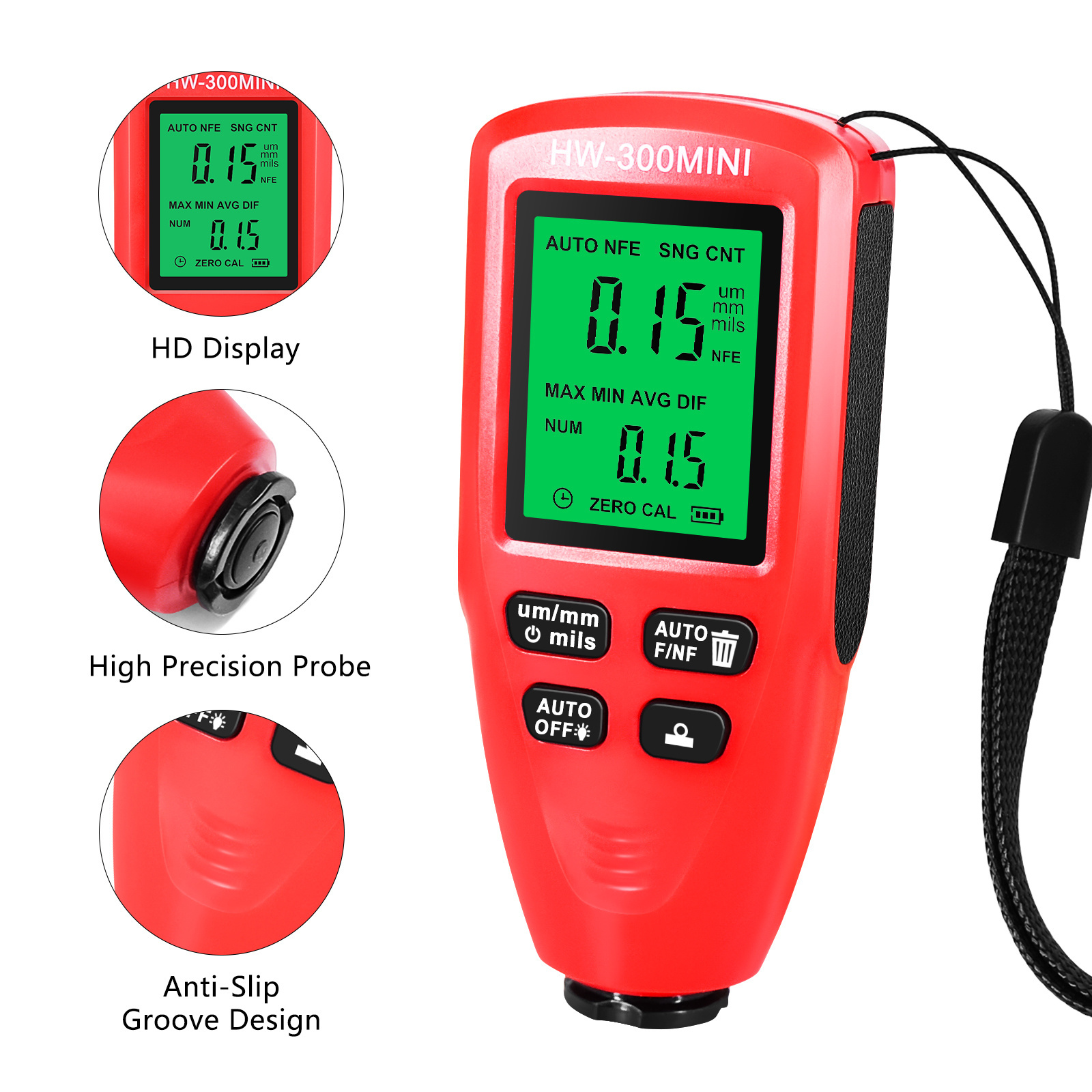 HW300mini High Accuracy Paint Coating Thickness Gauge 0-2000UM Car Paint Film Tester Galvanizing Coating Thickness Gauge