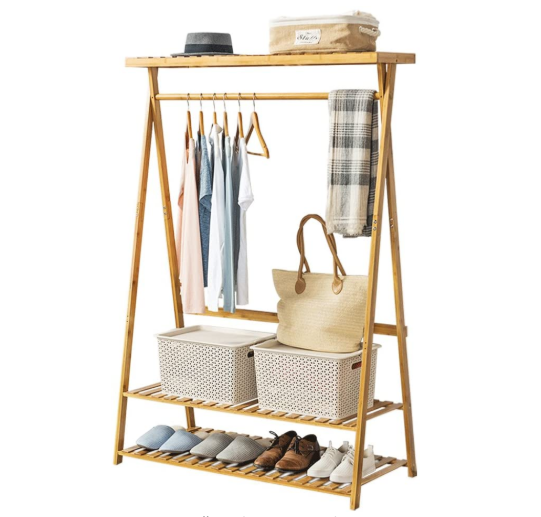 Bamboo Garment Rack Coat Clothes Hanging Heavy Duty Rack With Top Shelf And 2-Tier Shoe Clothing Storage Organizer Shelves