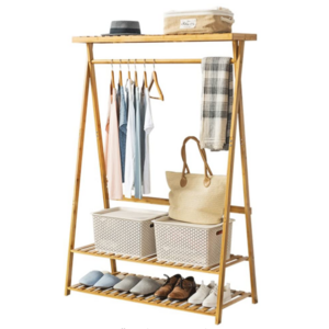 Bamboo Garment Rack Coat Clothes Hanging Heavy Duty Rack With Top Shelf And 2-Tier Shoe Clothing Storage Organizer Shelves