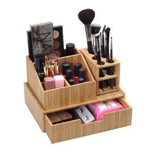 Bamboo Bathroom Storage Box Countertop Display Shelf Cosmetic Organizer with Brush Holder