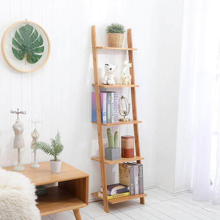 Bamboo Ladder Shelf 5-Tier Wall-Leaning Library Bookshelf with Ladder