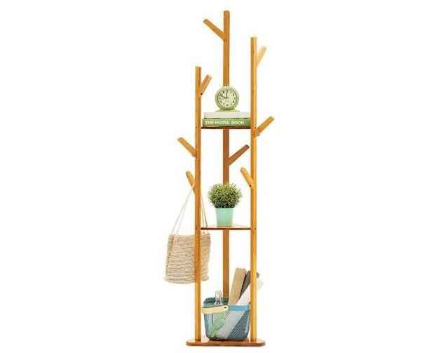 Bamboo Tree Clothes Coat Hat Umbrella Portable Hanger Stand Rack with 3-Tier Storage Shelves and Hooks