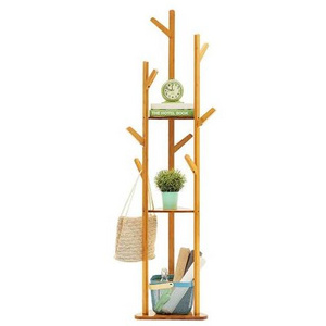 Bamboo Tree Clothes Coat Hat Umbrella Portable Hanger Stand Rack with 3-Tier Storage Shelves and Hooks