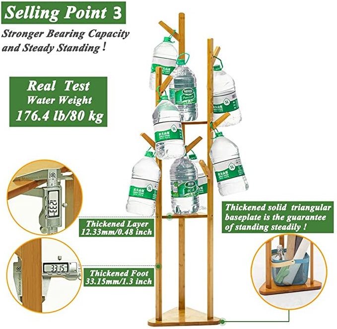 Bamboo Tree Clothes Coat Hat Umbrella Portable Hanger Stand Rack with 3-Tier Storage Shelves and Hooks