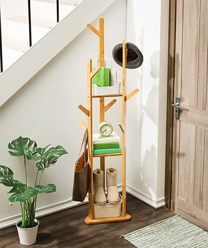 Bamboo Tree Clothes Coat Hat Umbrella Portable Hanger Stand Rack with 3-Tier Storage Shelves and Hooks