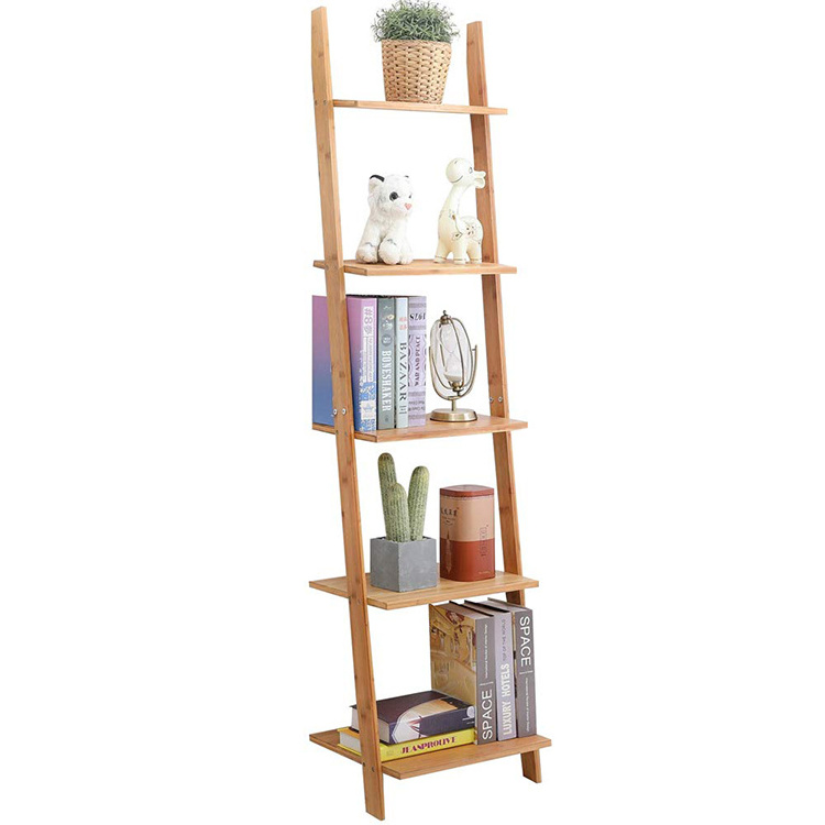 Bamboo Ladder Shelf 5-Tier Wall-Leaning Library Bookshelf with Ladder