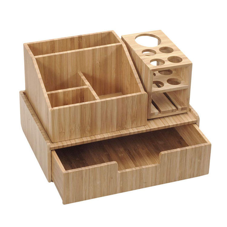 Bamboo Bathroom Storage Box Countertop Display Shelf Cosmetic Organizer with Brush Holder