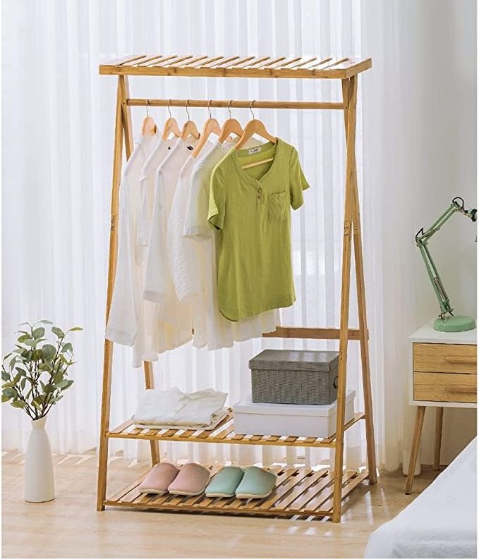 Bamboo Garment Rack Coat Clothes Hanging Heavy Duty Rack With Top Shelf And 2-Tier Shoe Clothing Storage Organizer Shelves