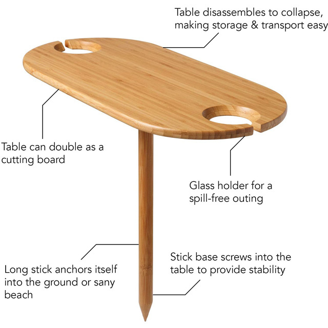 Outdoor Portable Picnic Table Bamboo Table with 2 Glass Holder Simple Removable Beer Desk