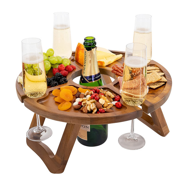 New Design Outdoor Folding Bamboo Wood Picnic Table With Wine Bottle and Glass Holder