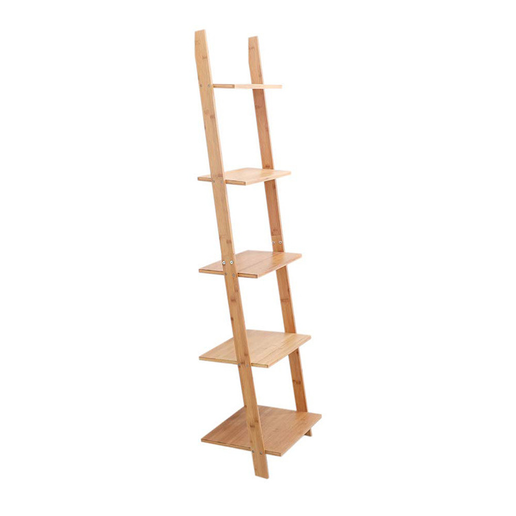 Bamboo Ladder Shelf 5-Tier Wall-Leaning Library Bookshelf with Ladder