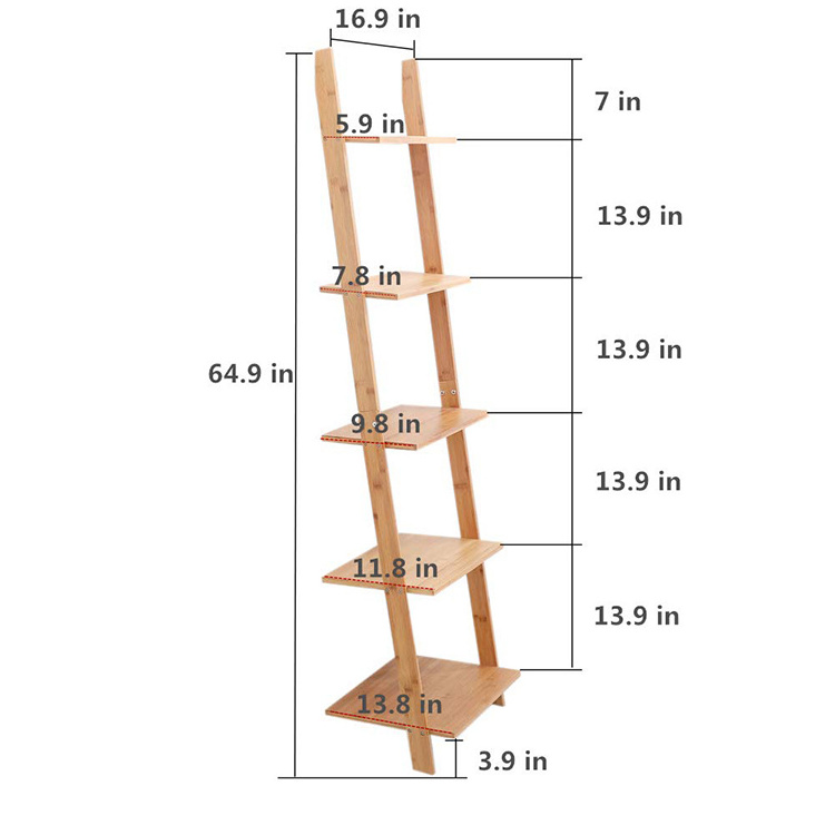 Bamboo Ladder Shelf 5-Tier Wall-Leaning Library Bookshelf with Ladder