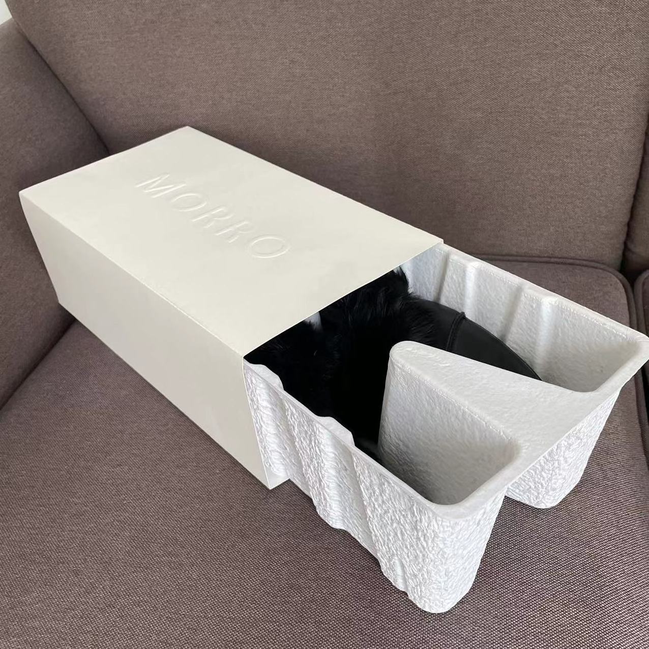 Biodegradable paper packaging supplier box molded pulp insert with cardboard outer sleeve shoe box design