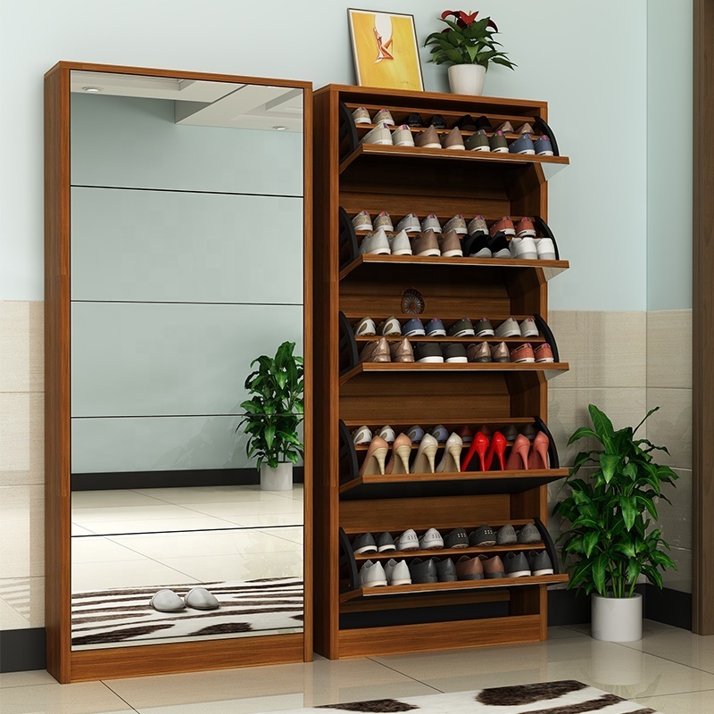 Huayi modern shoe racks for home slim shoe rack mirror wooden folding shoe rack cabinet