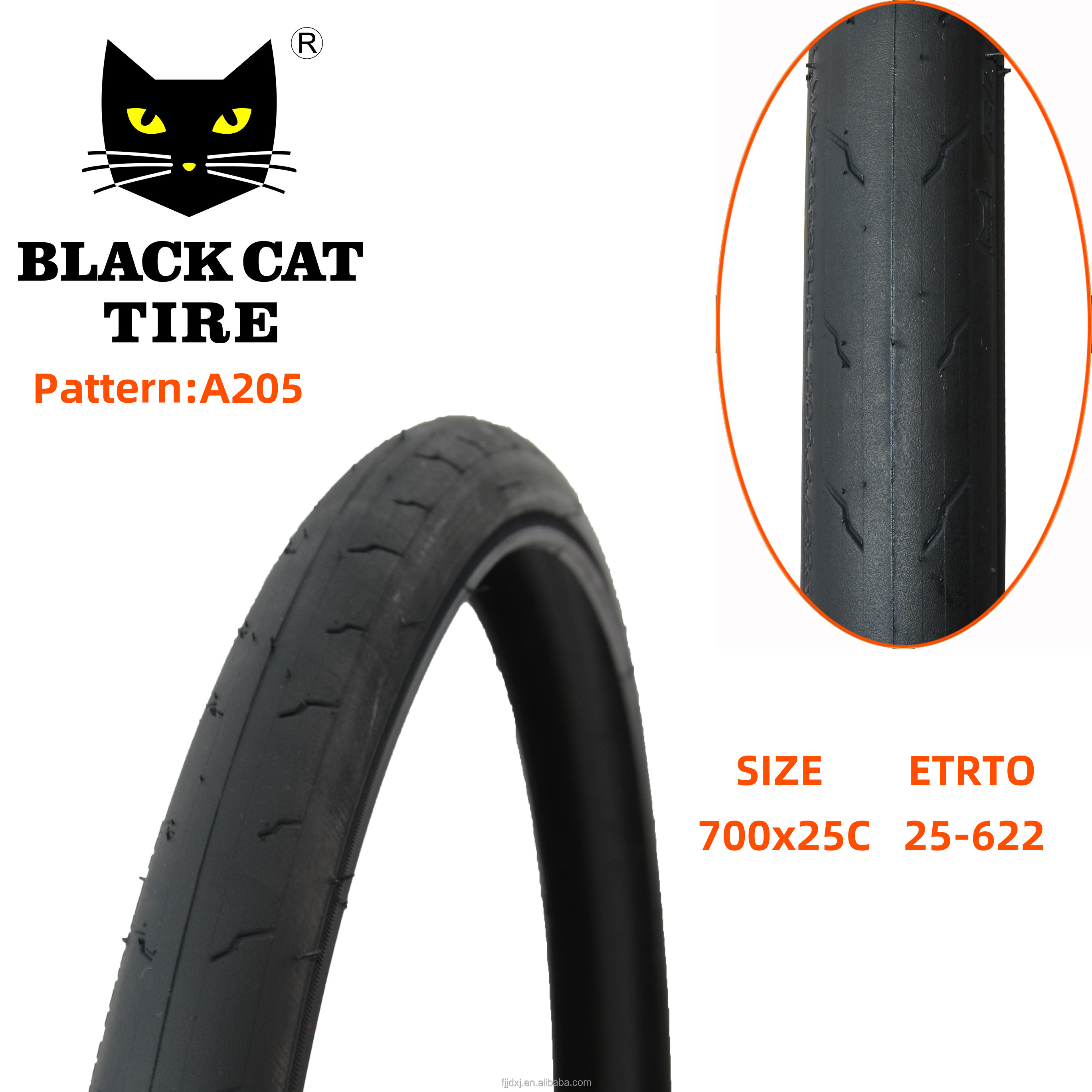 Wholesale 700x25C A205 Black Cat Tire Natural Origin Type Black Outer Rubber Tire Repair Assembly Parts for Road Bicycles