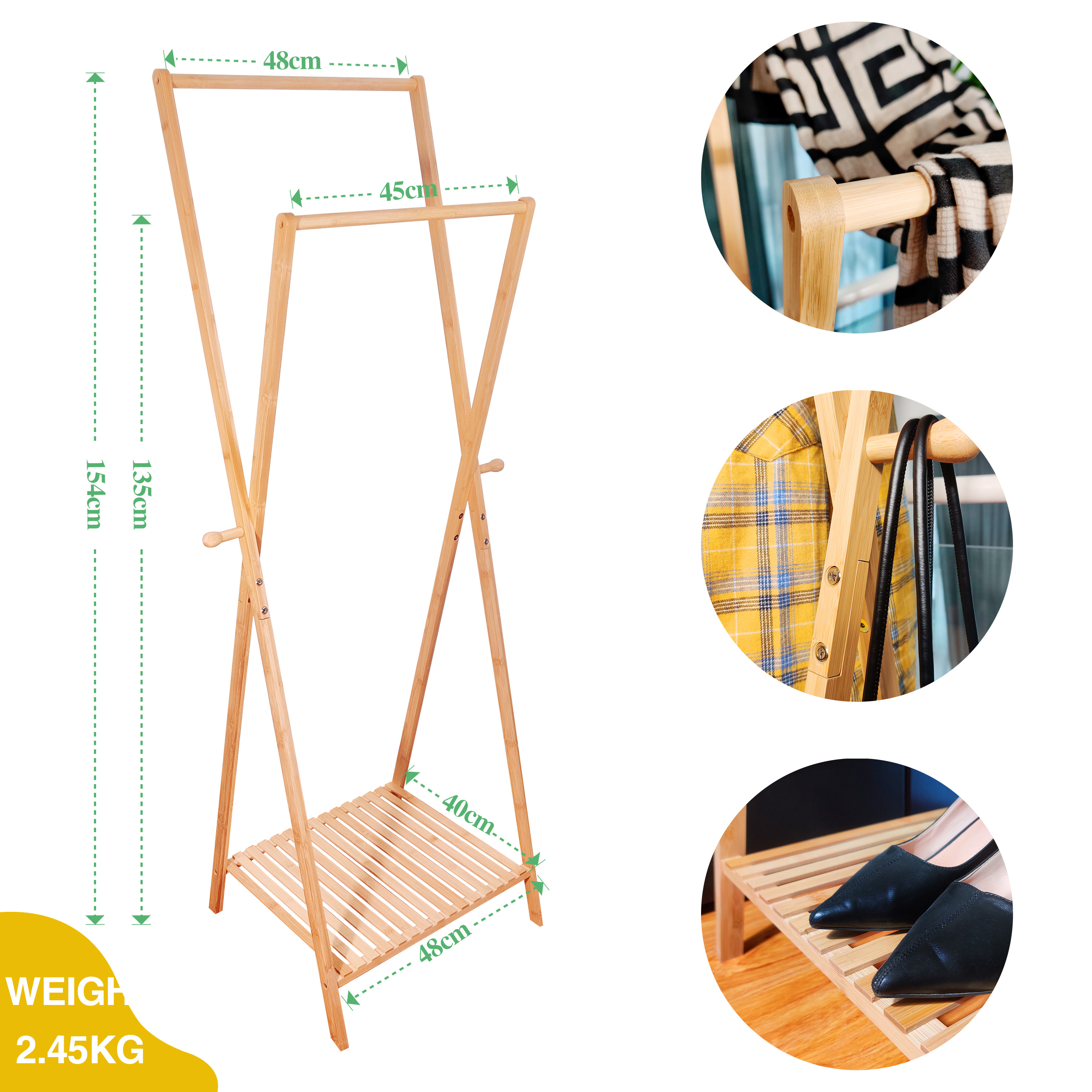 Natural Bamboo Garment Clothes Hanger Storage Rack Wood Coat and Hat Display Stand with Shoes Rack for Bedroom