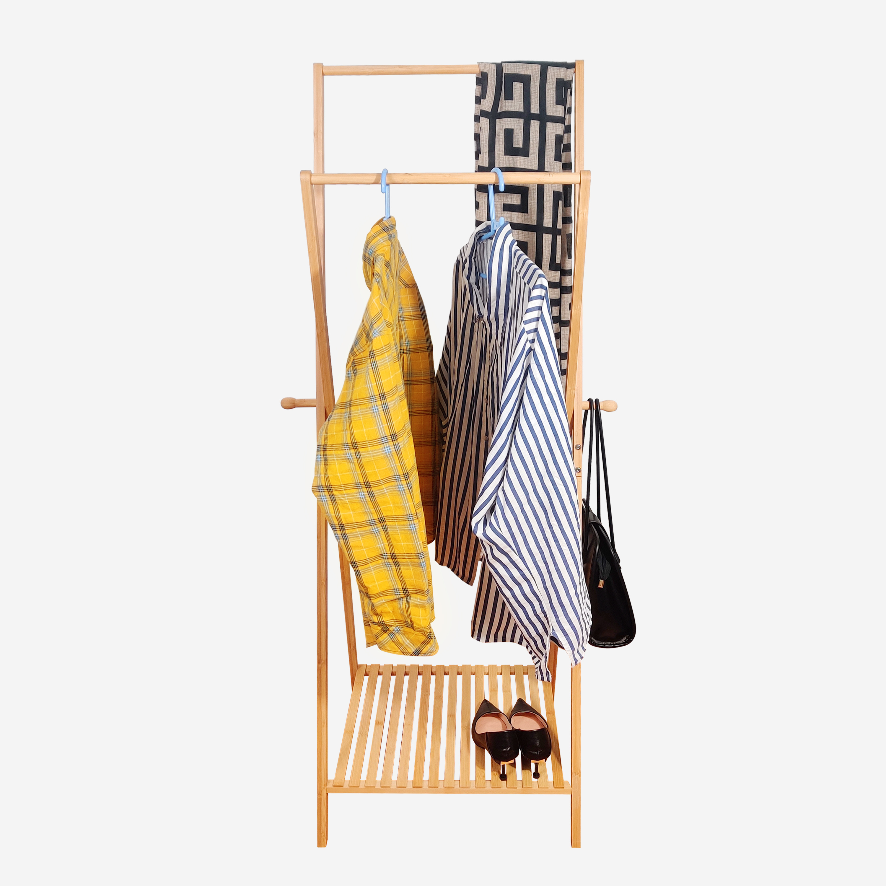 Natural Bamboo Garment Clothes Hanger Storage Rack Wood Coat and Hat Display Stand with Shoes Rack for Bedroom