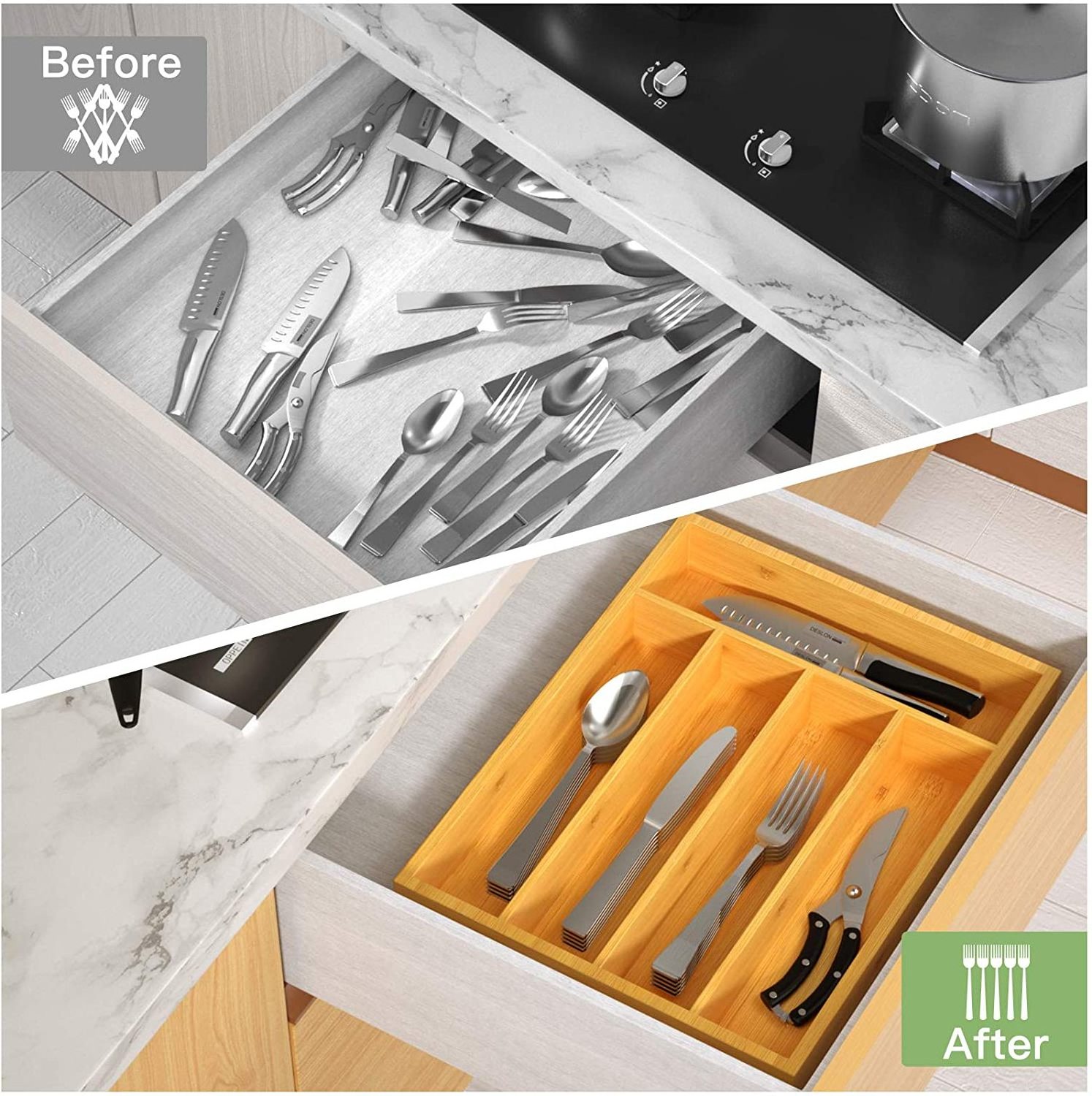 Expandable Bamboo Silverware Organizer Kitchen Wood Utensil Drawer Organizer Cutlery Tray