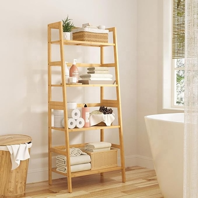 4-Tier Bamboo Bookshelf Ladder Shelf Book Shelf Bookcase Freestanding Storage Rack Plant Stand for  Living Room