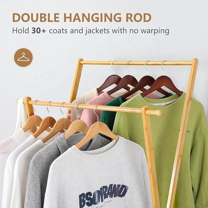 High Quality Bamboo Clothing Rack Double Rod Garment Rack with 2 Tier Storage Shelf Closet Organizer for Home