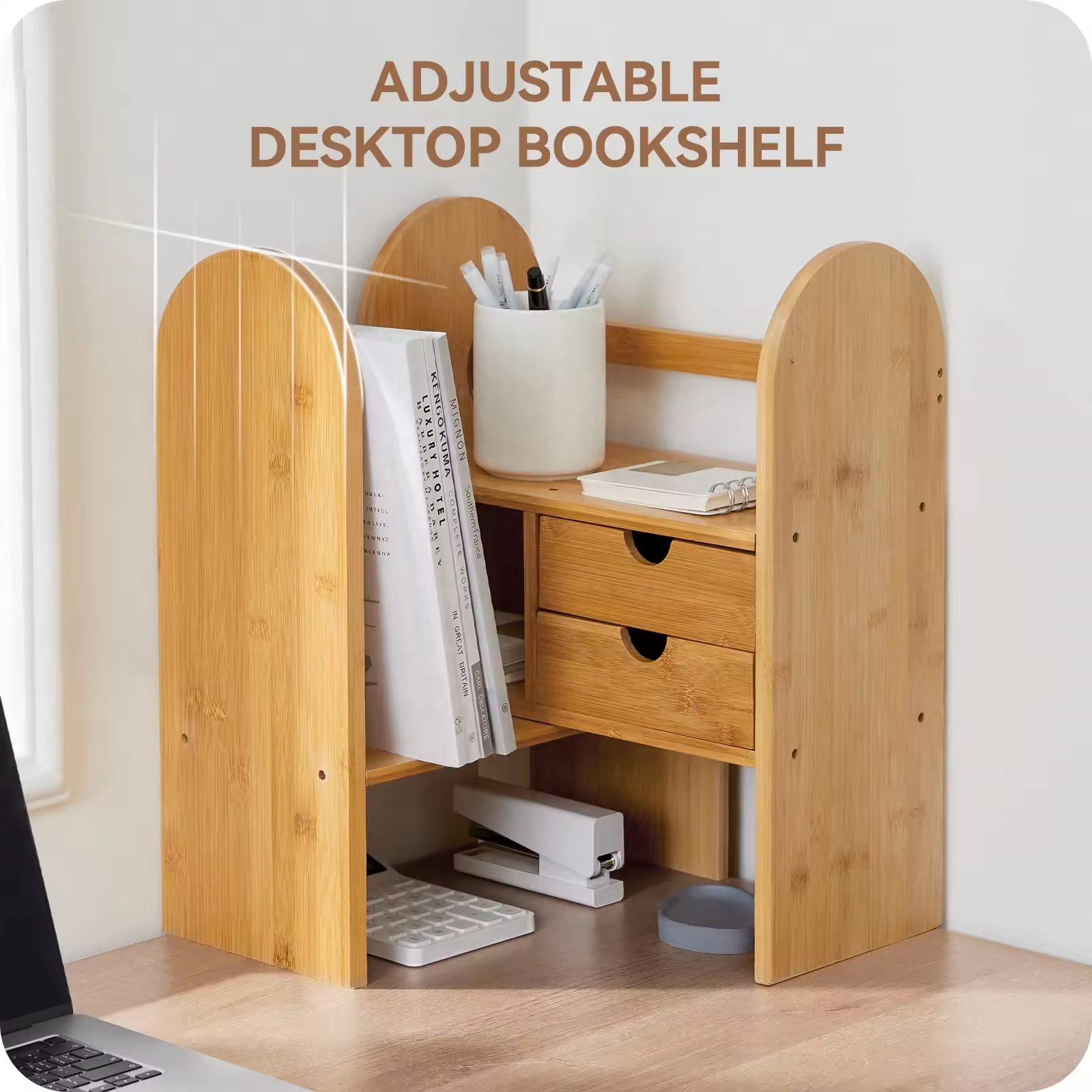 Adjustable  Desktop Bookshelf Bamboo Desk Storage Organizer Display Shelf Rack For Home