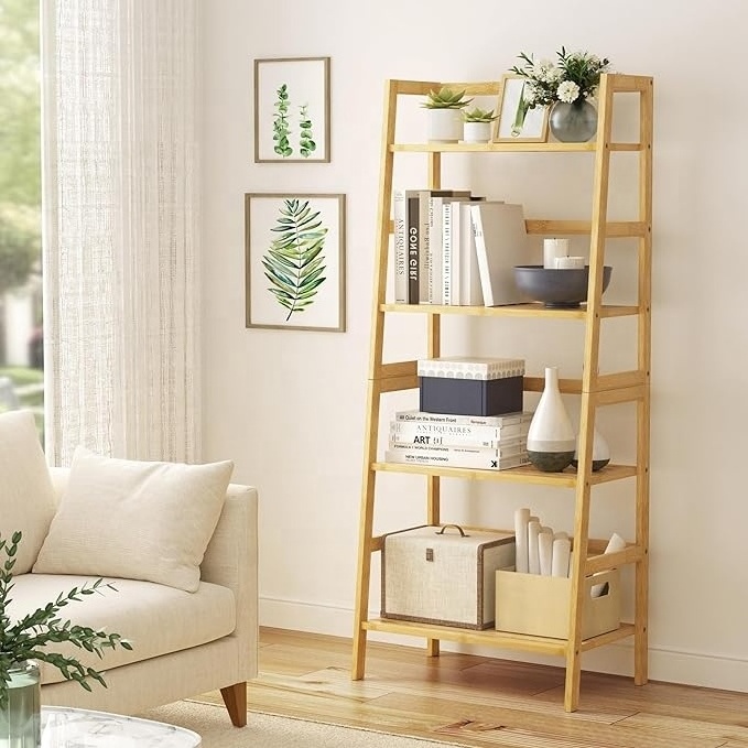 4-Tier Bamboo Bookshelf Ladder Shelf Book Shelf Bookcase Freestanding Storage Rack Plant Stand for  Living Room