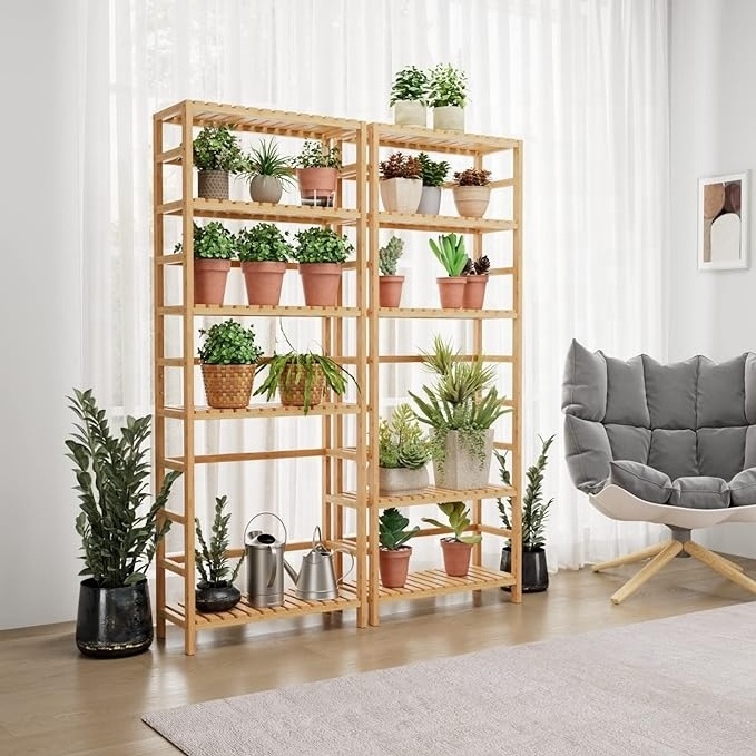 6 Tier Bookcase Storage Shelves   Multipurpose Storage Adjustable Shelves Plant Stand Bamboo Bookshelf for Home Office