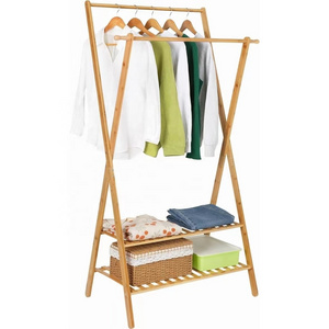 High Quality Bamboo Clothing Rack Double Rod Garment Rack with 2 Tier Storage Shelf Closet Organizer for Home