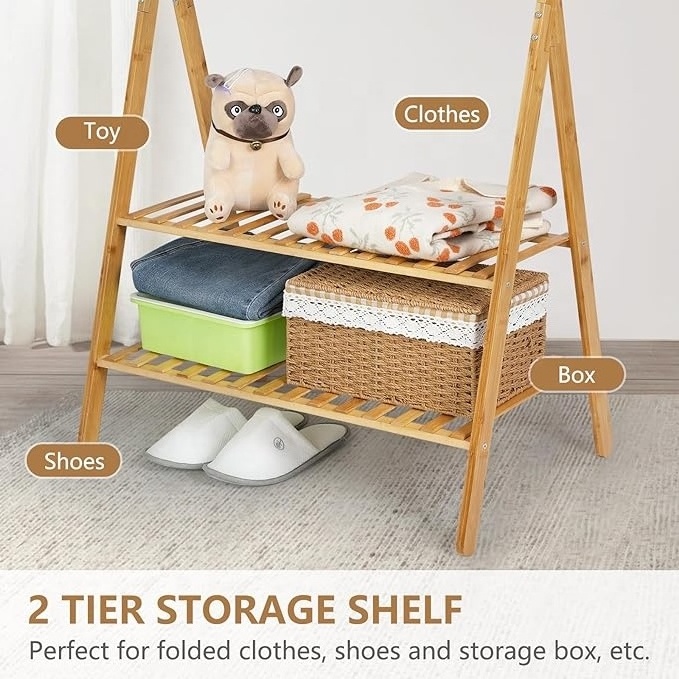 High Quality Bamboo Clothing Rack Double Rod Garment Rack with 2 Tier Storage Shelf Closet Organizer for Home